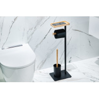 Držák toaletního papíru s WC štětkou - černý - kov/bambus