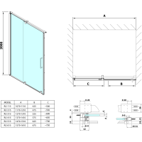 Polysan ROLLS LINE sprchové dveře 1400mm, výška 2000mm, čiré sklo RL1415