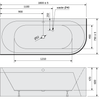 Polysan VIVA L MONOLITH asymetrická vana 180x75x60cm, šedá 72099M.30