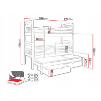 Dětská patrová postel z masivu borovice JAKUB III s přistýlkou a šuplíky - 200x90 cm - přírodní borovice, umístění žebříku: vpravo