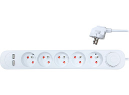 Solight prodlužovací přívod 5 zásuvek, USB A+A nabíječka 12W, 3m, 3 x 1mm2, bílý, vypínač