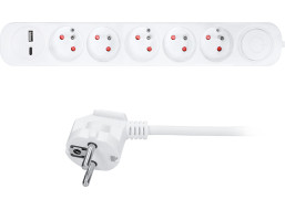 Solight prodlužovací přívod 5 zásuvek, USB A+C nabíječka 12W, 3m, 3 x 1mm2, bílý, vypínač