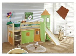 Dětská VYVÝŠENÁ postel se skluzavkou DOMEČEK zelenooranžový - PŘÍRODNÍ