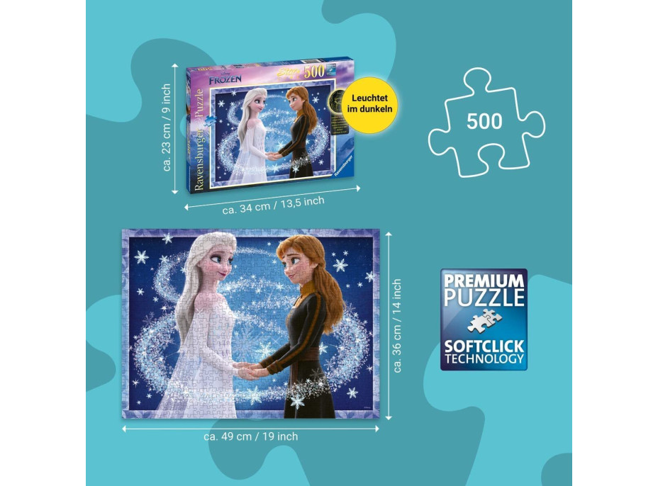 RAVENSBURGER Svítící puzzle Ledové království: Sestry Anna a Elsa 500 dílků