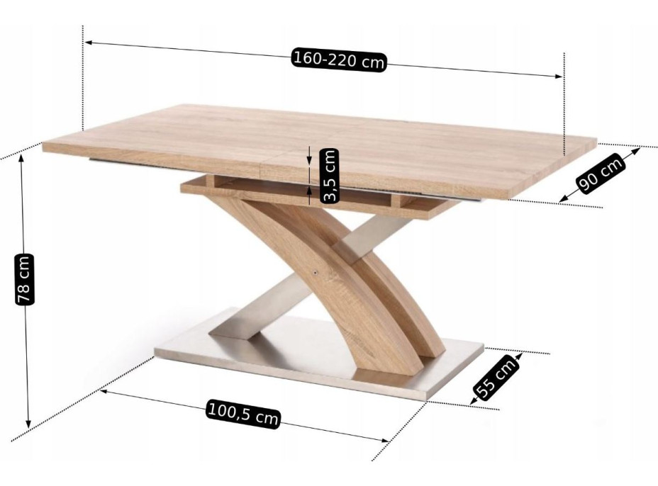 Jídelní stůl SANDY - 160(220)x90x77 cm - rozkládací - dub sonoma