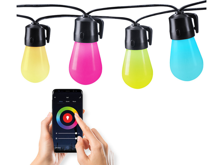 LED smart venkovní řetěz s RGB žárovkami - bluetooth - 15 žárovek