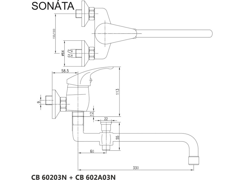 Nástěnná baterie do bytového jádra SONÁTA - ramínko 33 cm - chromová