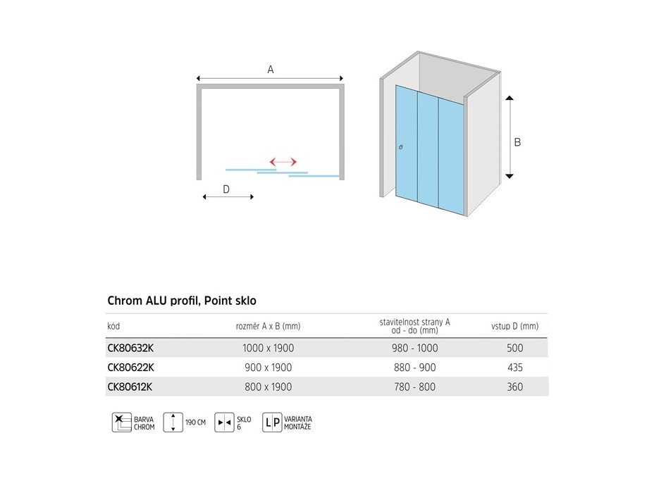 Sprchové dveře LIMA - trojdílné, posuvné - chrom/sklo Point