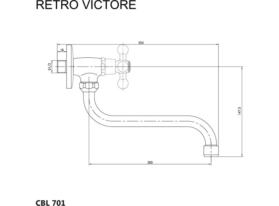 Umyvadlový nástěnný kohoutek RETRO VIKTORIE - ramínko 20 cm - chromový