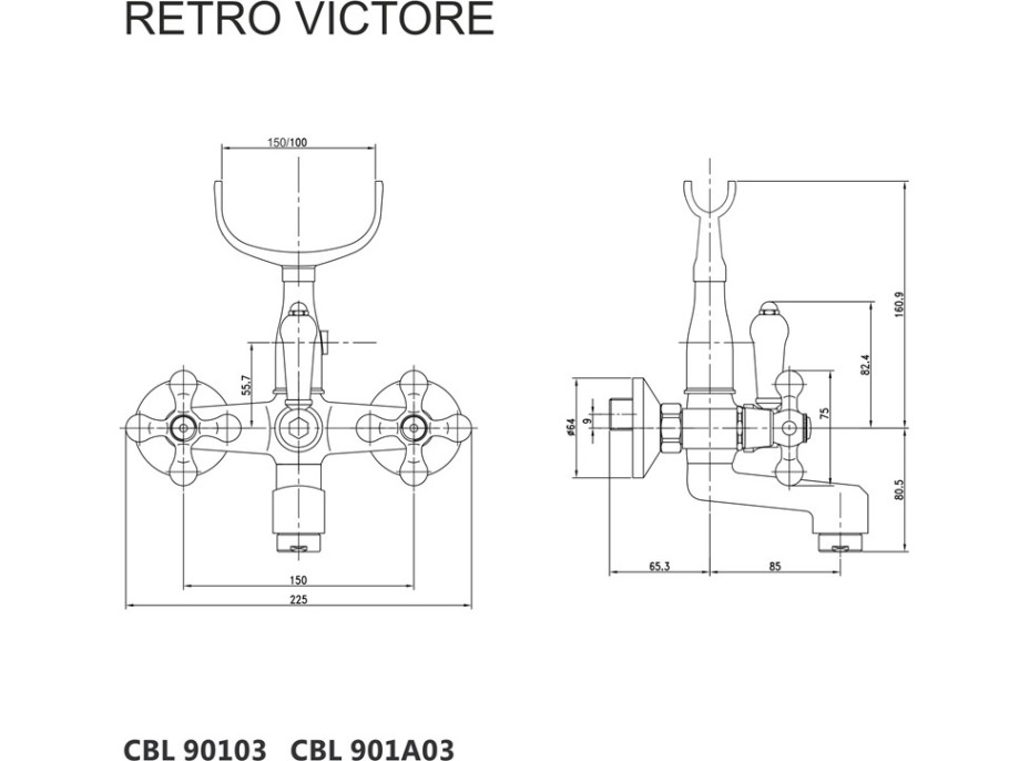 Vanová baterie RETRO VIKTORIE bez příslušenství - 15 cm - chromová