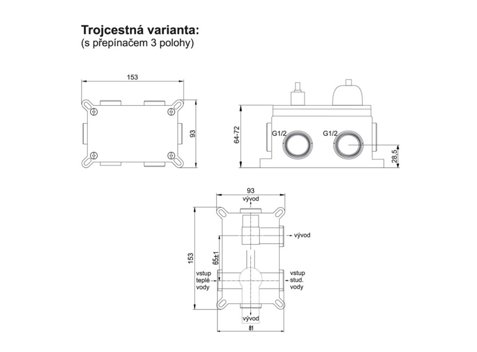 Sprchová podomítková baterie DITA - 3 výstupy - chromová