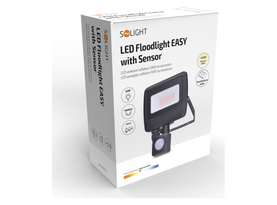 LED reflektor Easy se sensorem, 20W, 1600lm, 4000K, IP44, černý