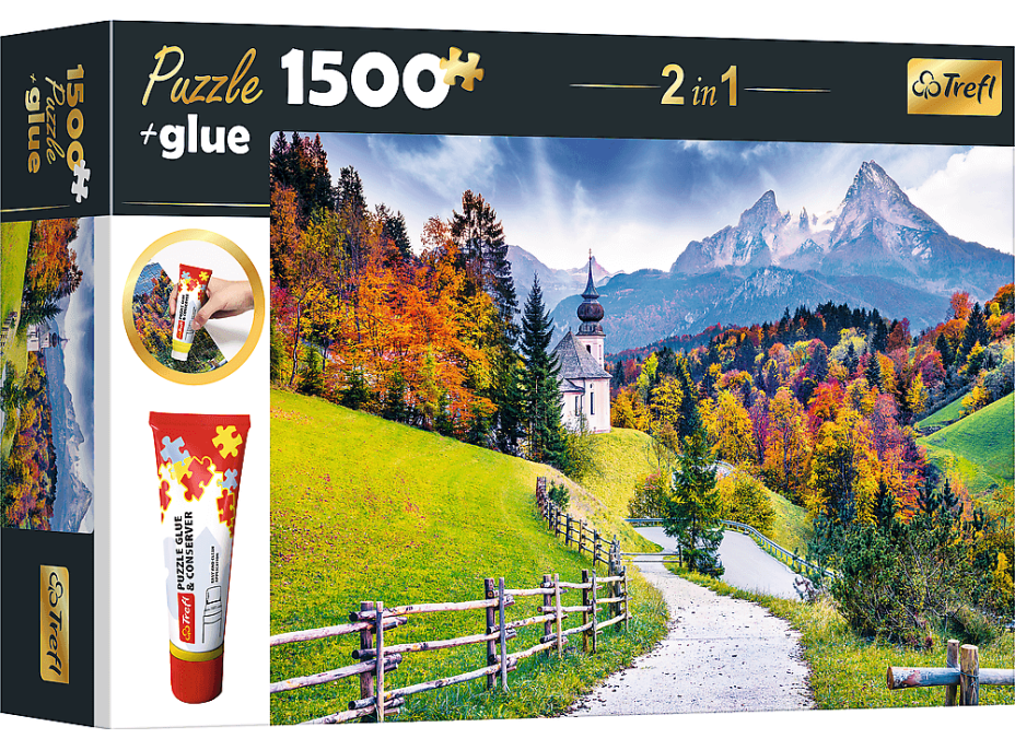 TREFL Sada 2v1 puzzle Kostel Maria Gern, Bavorsko 1500 dílků s lepidlem