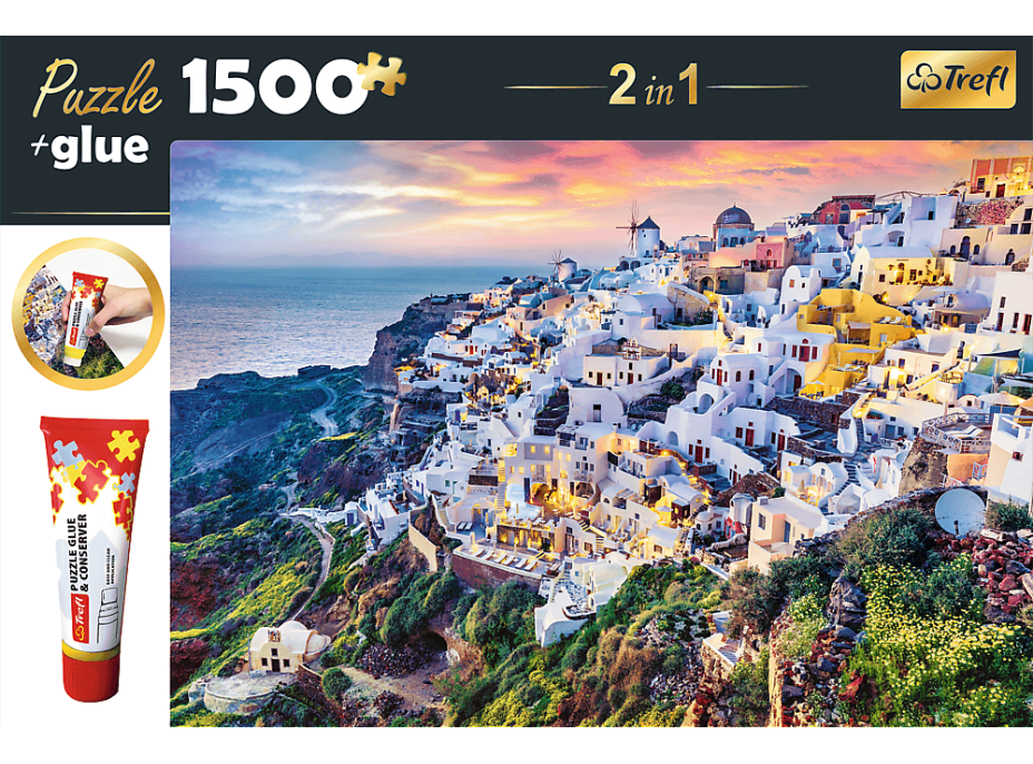 TREFL Sada 2v1 puzzle Nádherný ostrov Santorini, Řecko 1500 dílků s lepidlem