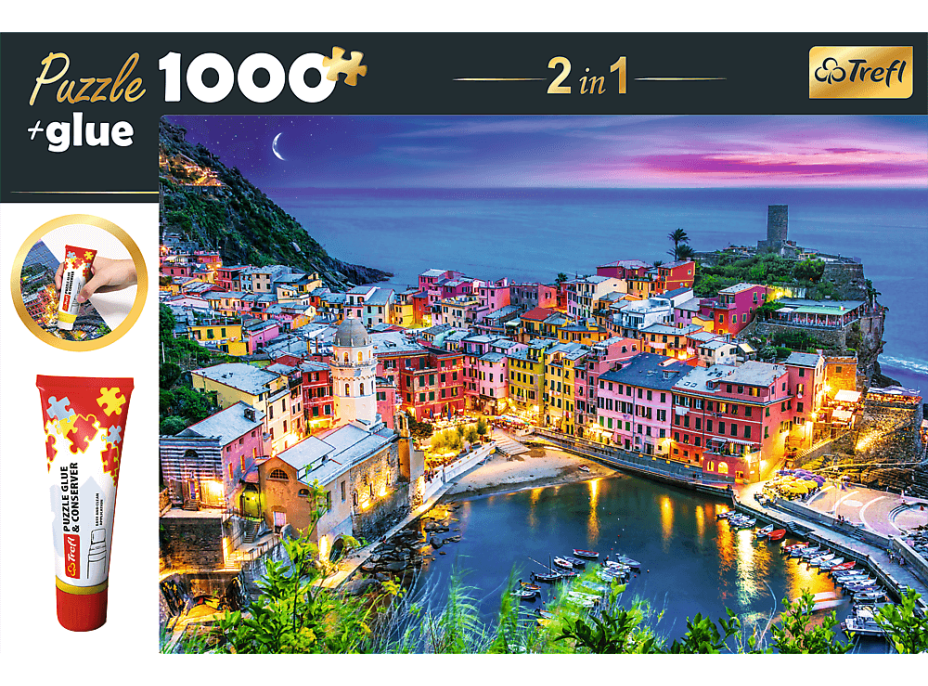 TREFL Sada 2v1 puzzle Vernazza, Ligurie, Itálie 1000 dílků s lepidlem