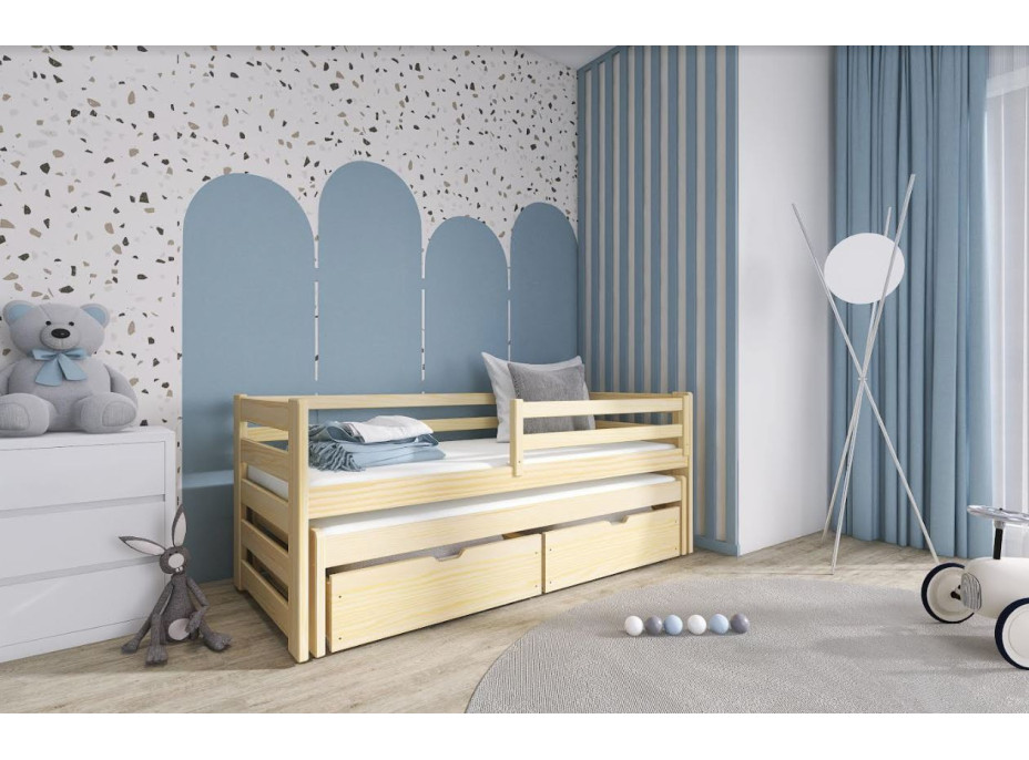Dětská postel z masivu borovice SANDRA s přistýlkou a šuplíky - 200x90 cm - PŘÍRODNÍ BOROVICE