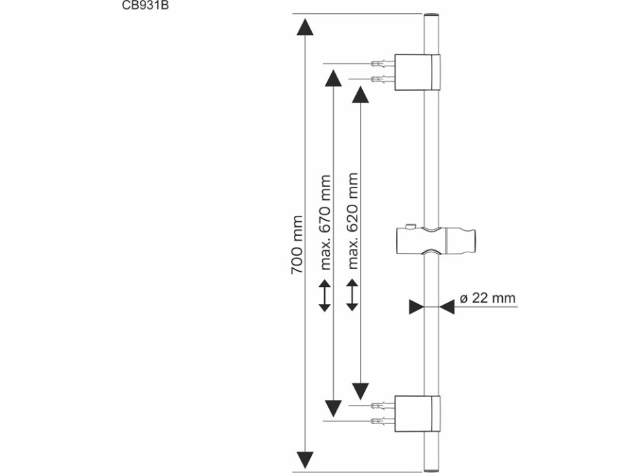 Sprchová nerezová tyč s držákem na ruční sprchu - 70 cm - chromovaná