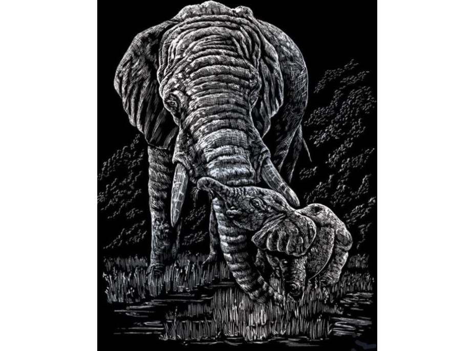 Stříbrný škrabací obrázek Slonice s mládětem