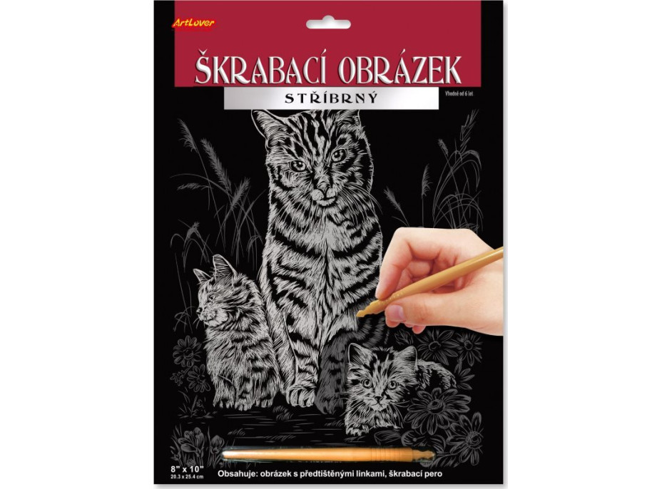 ARTLOVER Škrabací obrázek stříbrný Kočka s koťaty 20x25cm