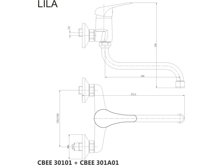 Kuchyňská dřezová nástěnná baterie LILA - ramínko 20 cm - chromová