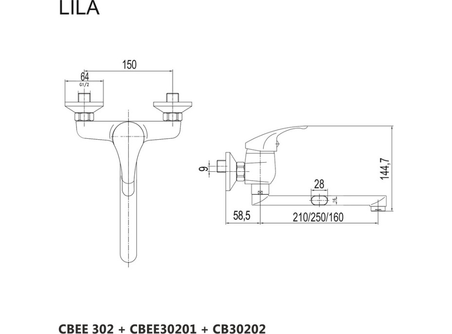 Kuchyňská dřezová nástěnná baterie LILA - ramínko 25 cm - chromová