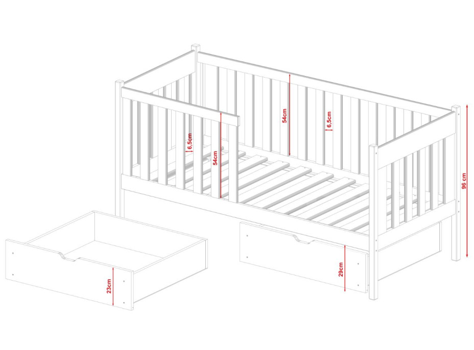Dětská postel z masivu borovice ALICE se šuplíky - 200x90 cm - BÍLÁ