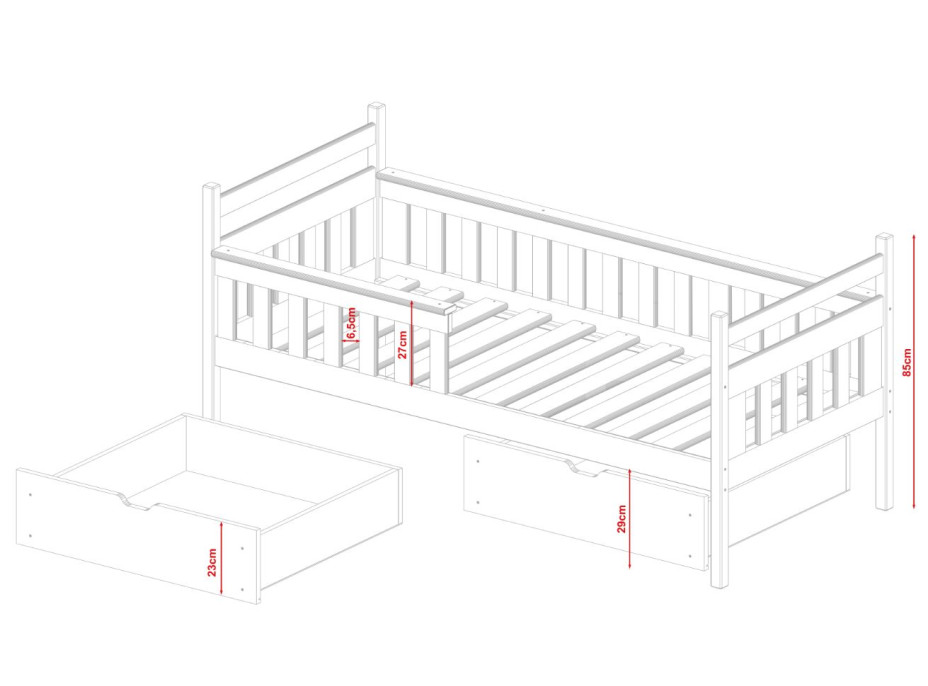 Dětská postel z masivu borovice ELA se šuplíky - 200x90 cm - BÍLÁ