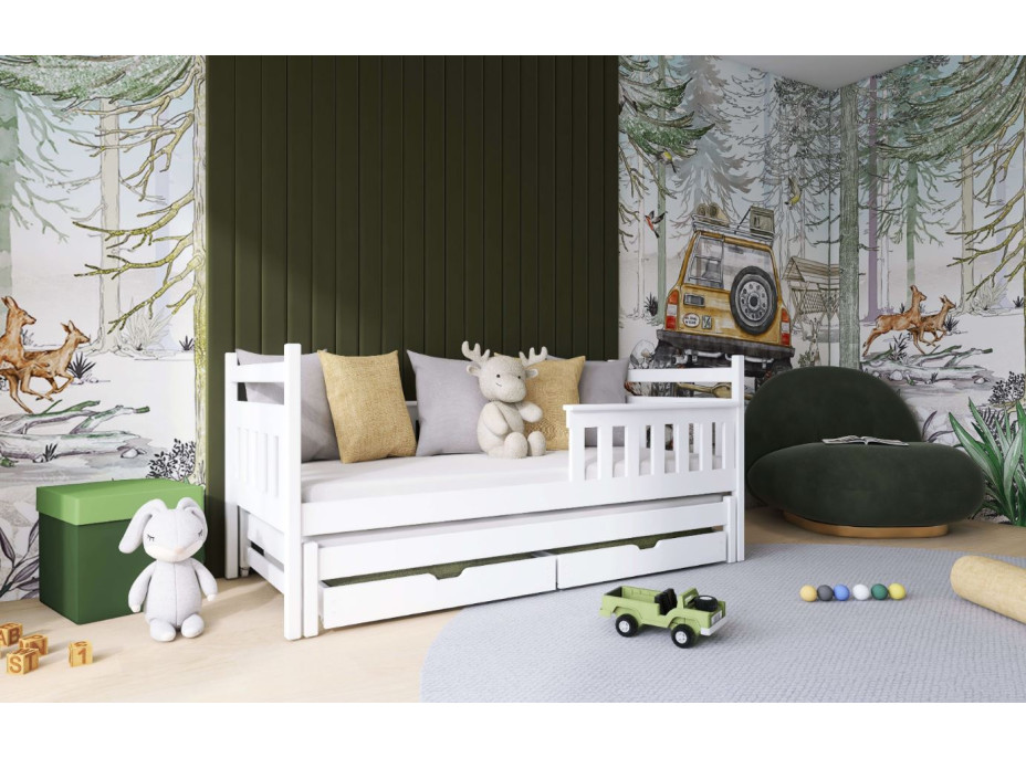 Dětská postel z masivu borovice DAMIAN s přistýlkou a šuplíky - 200x90 cm - BÍLÁ
