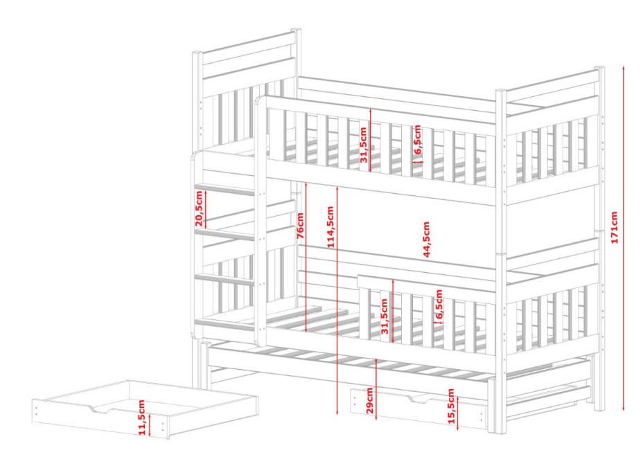 Dětská patrová postel z masivu borovice KLÁRA s přistýlkou a šuplíky - 200x90 cm - BÍLÁ