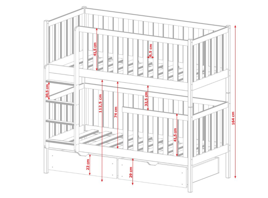 Dětská patrová postel z masivu borovice MICHAELA se šuplíky - 200x90 cm - BÍLÁ