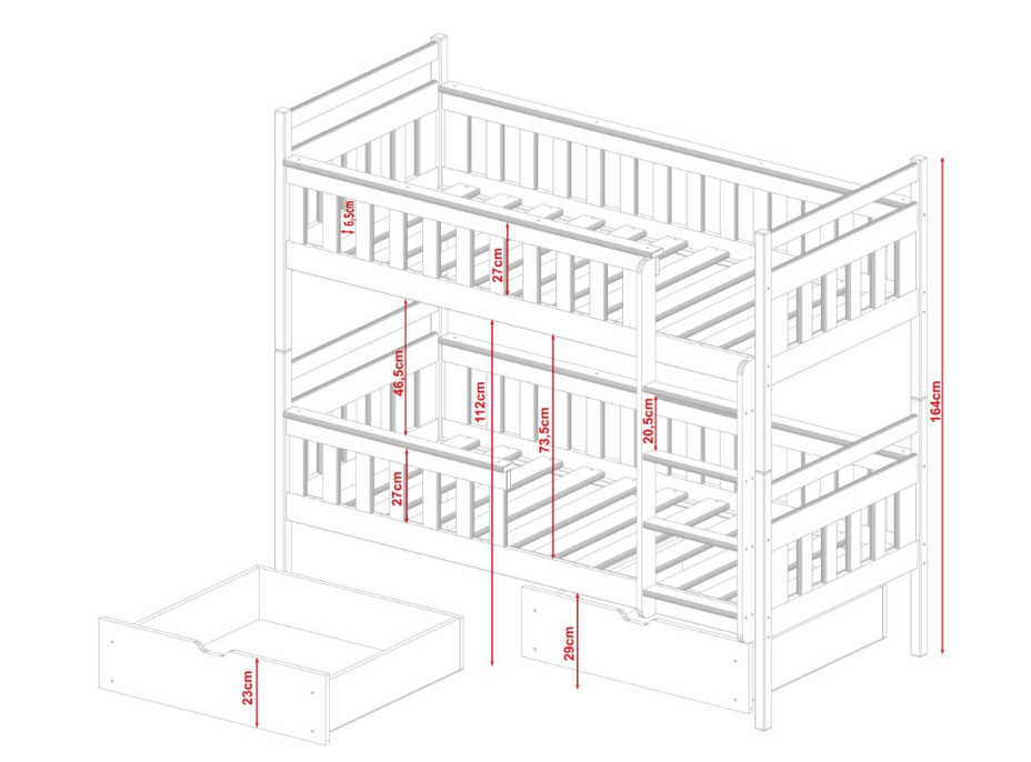 Dětská patrová postel z masivu borovice ZITA se šuplíky - 200x90 cm - BÍLÁ