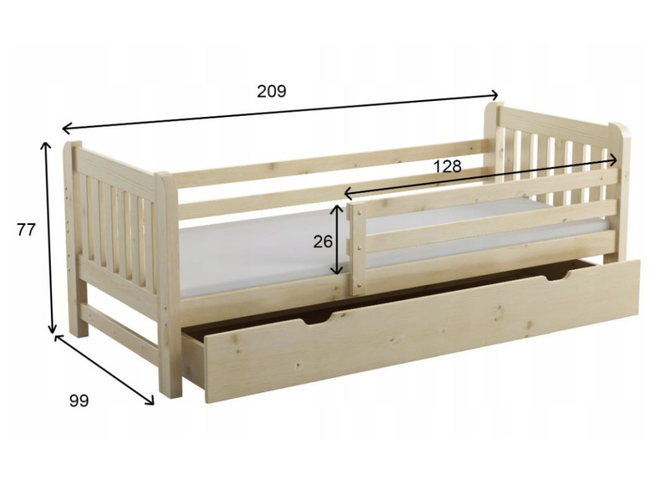 Dětská postel z masivu borovice JERRY - 200x90 cm - přírodní borovice