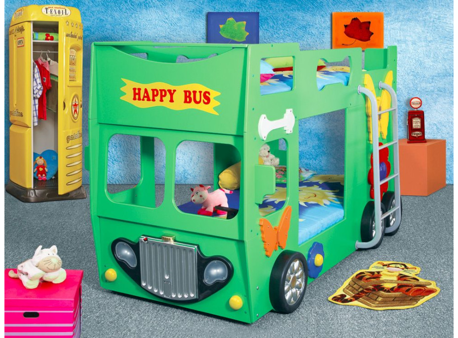 Dětská patrová autopostel HAPPY BUS 190x90 cm - zelená s MATRACEMI ZDARMA