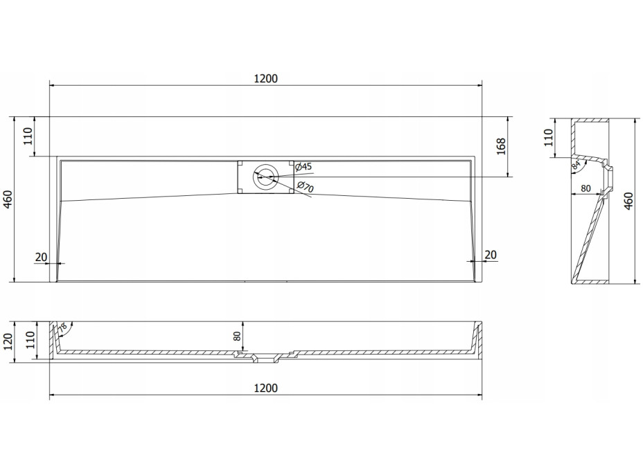 Umyvadlo z litého mramoru MEXEN AVA 120 cm - bez otvoru - bílé, 23011200