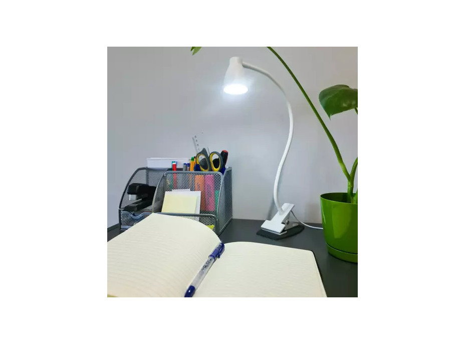 Bílá stolní lampička s klipem