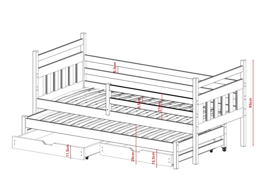 Dětská postel z masivu borovice DAN s přistýlkou a šuplíky - 200x90 cm - bílá