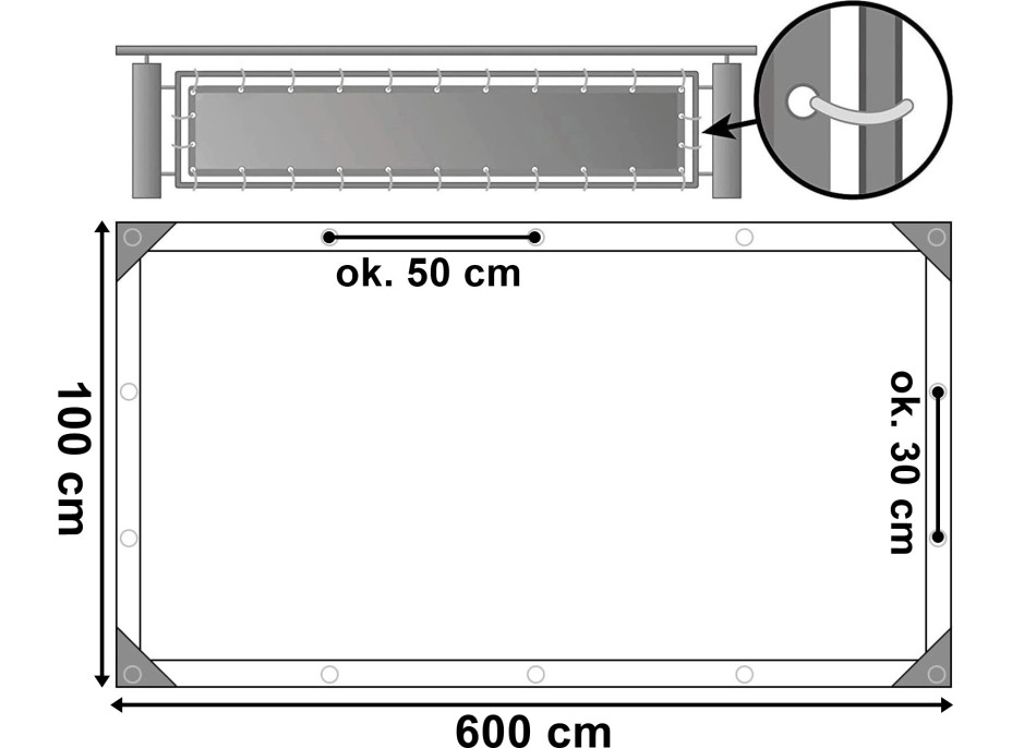 Šedá balkónová zástěna 1 x 6 m