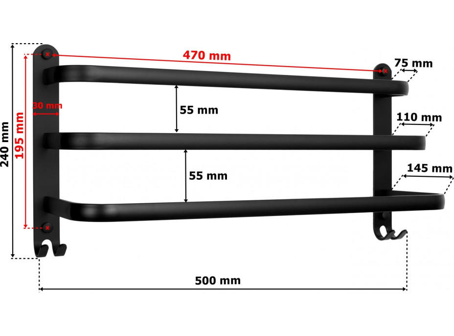 Nástěnný věšák na ručníky ATHOS 50 cm - černý