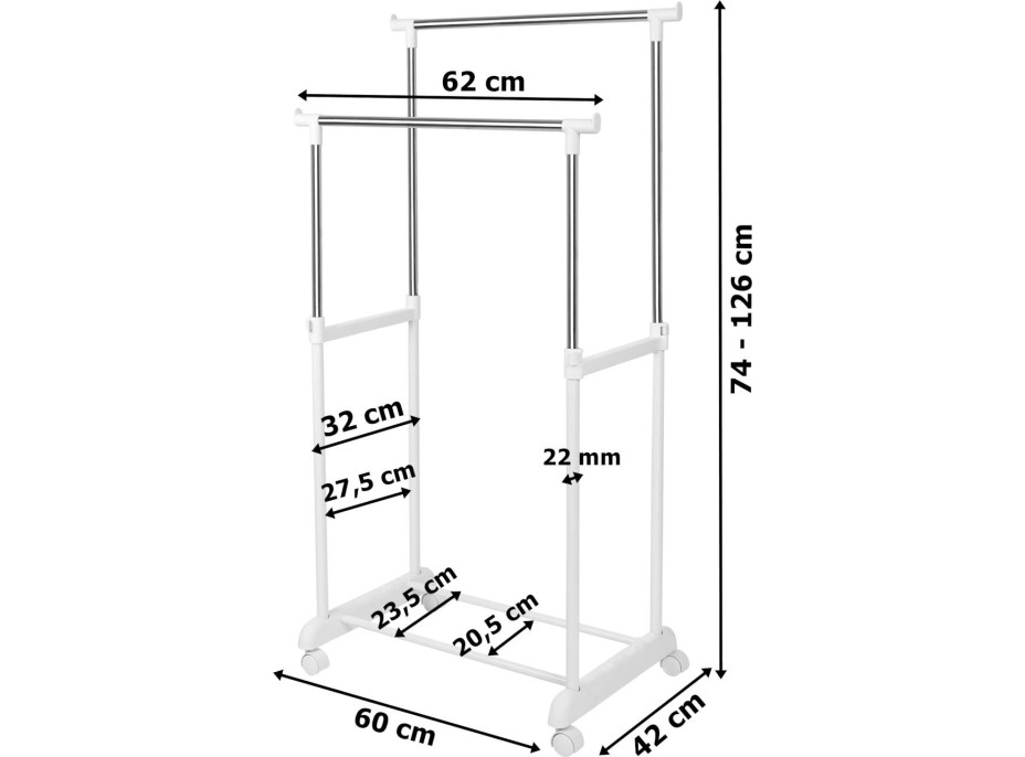 Pojízdný věšák s nastavitelnou výškou RIKE - bílý / stříbrný
