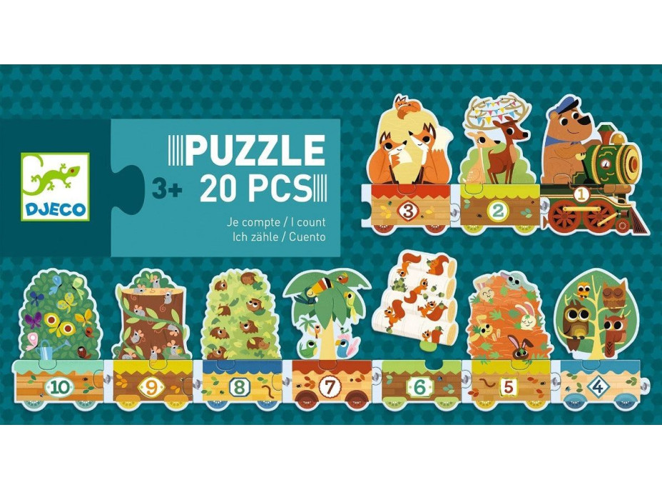 DJECO Puzzle Vlak se zvířátky a čísly 20 dílků