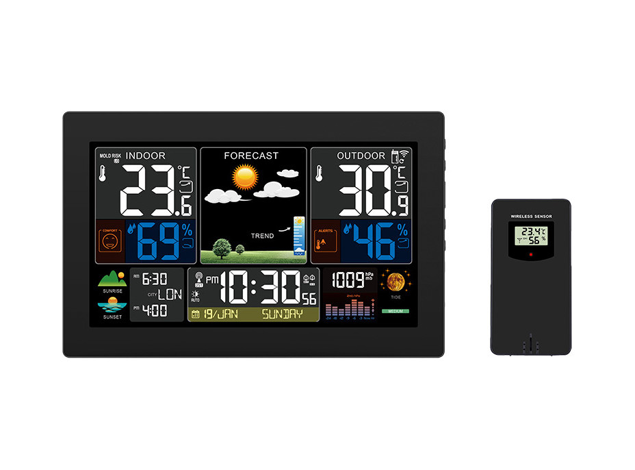 Meteostanice, XL barevný LCD, teplota, vlhkost, tlak