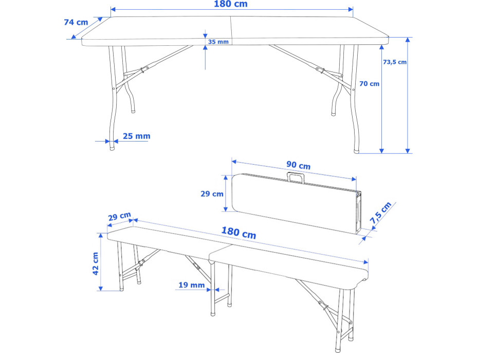 Cateringový set FETA WHITE - stůl 180 cm + 2 lavice