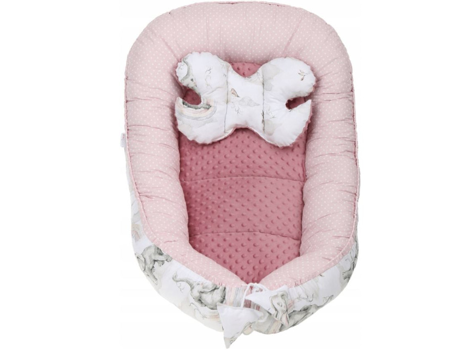 Oboustranné hnízdečko (kokon) pro miminko - BABYMAM PREMIUM set 7v1 - Růžový sloník se starorůžovou minky