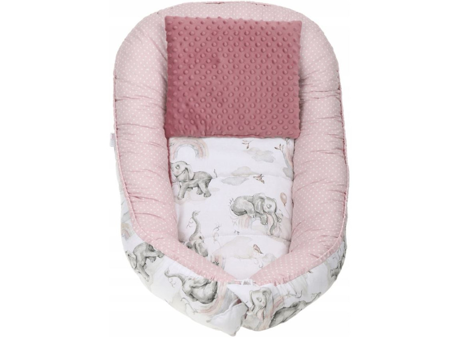 Oboustranné hnízdečko (kokon) pro miminko - BABYMAM PREMIUM set 7v1 - Růžový sloník se starorůžovou minky