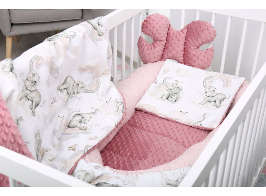 Oboustranné hnízdečko (kokon) pro miminko - BABYMAM PREMIUM set 7v1 - Růžový sloník se starorůžovou minky