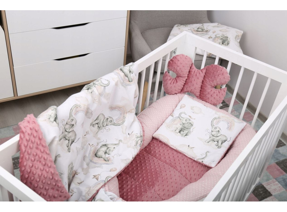 Oboustranné hnízdečko (kokon) pro miminko - BABYMAM PREMIUM set 7v1 - Růžový sloník se starorůžovou minky