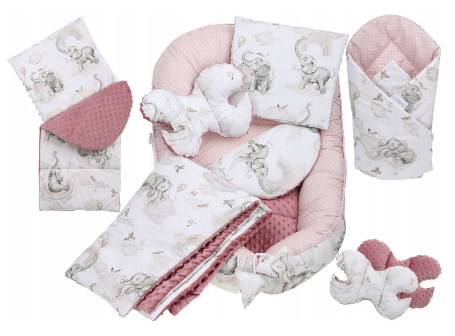 Oboustranné hnízdečko (kokon) pro miminko - BABYMAM PREMIUM set 7v1 - Růžový sloník se starorůžovou minky