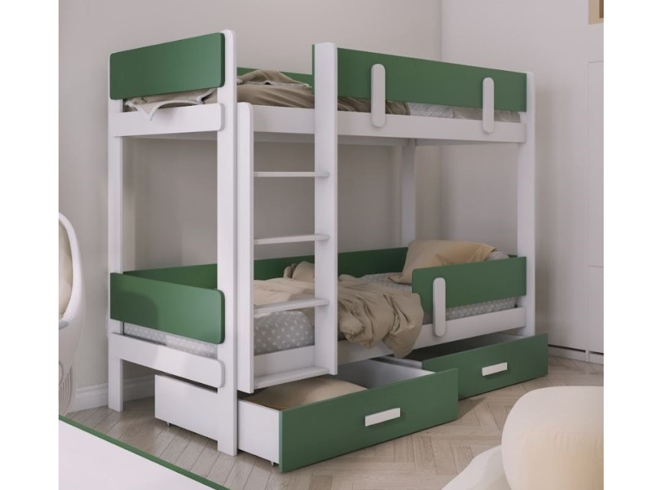 Dětská patrová postel z masivu borovice ETTORE se šuplíky - 200x90 cm - bílá/zelená
