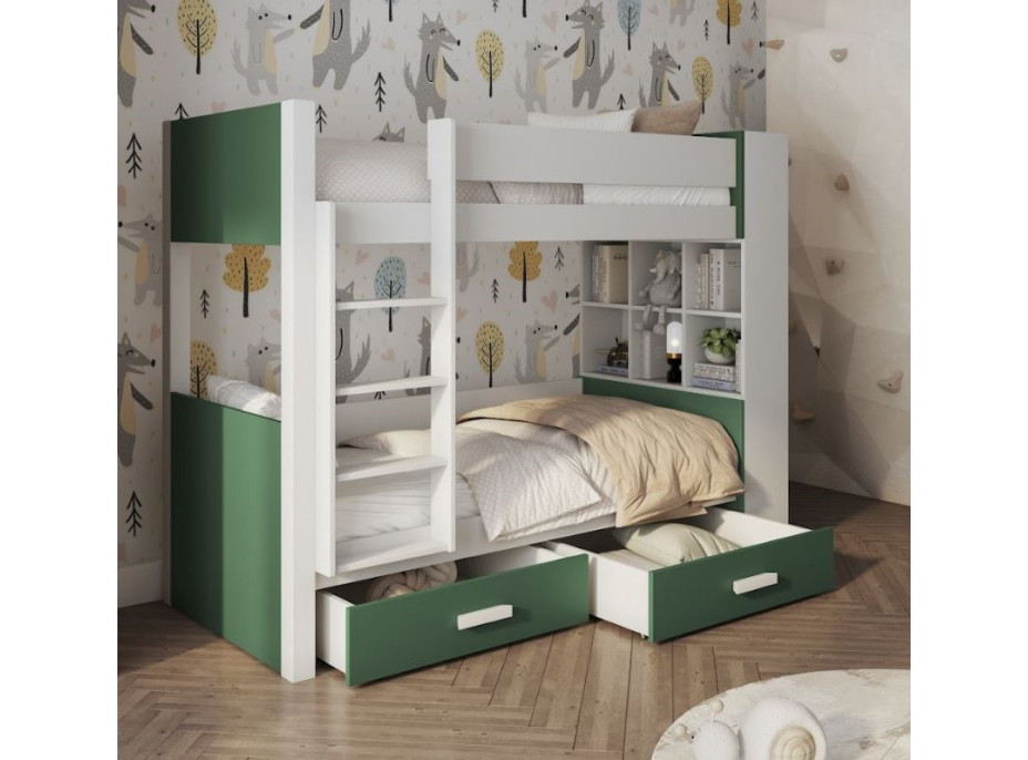 Dětská patrová postel z masivu borovice GASPAR se šuplíky a regálem - 200x90 cm - bílá/zelená