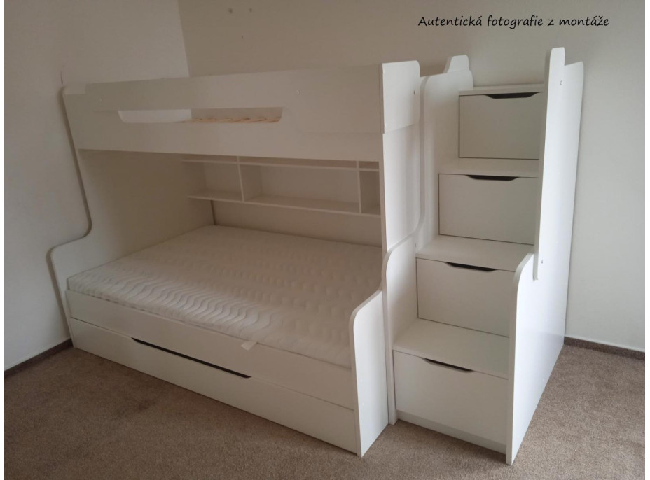 Dětská patrová postel s rozšířeným spodním lůžkem a šuplíkem HARRY bílo-oranžová - 200x90/120 cm